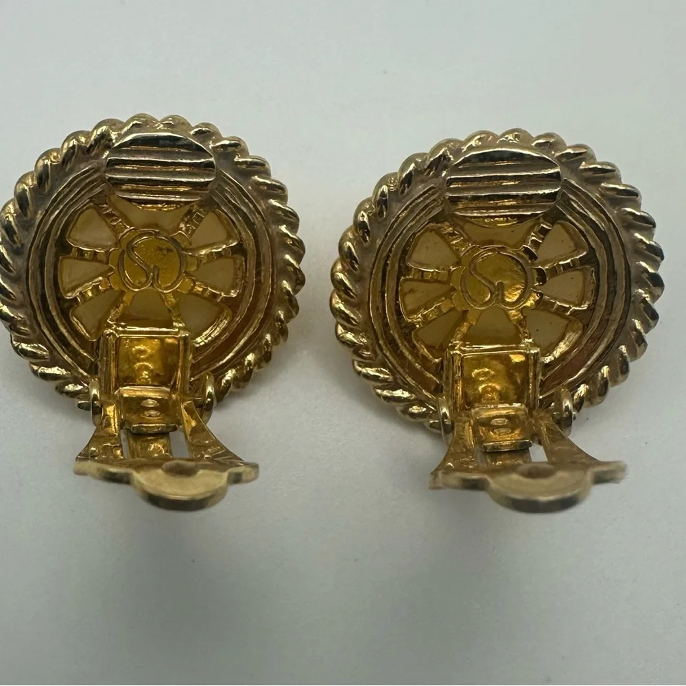 St. John Gold Tone Faux Pearl Clip On Earrings Double Rope Cabochon Round Vtg